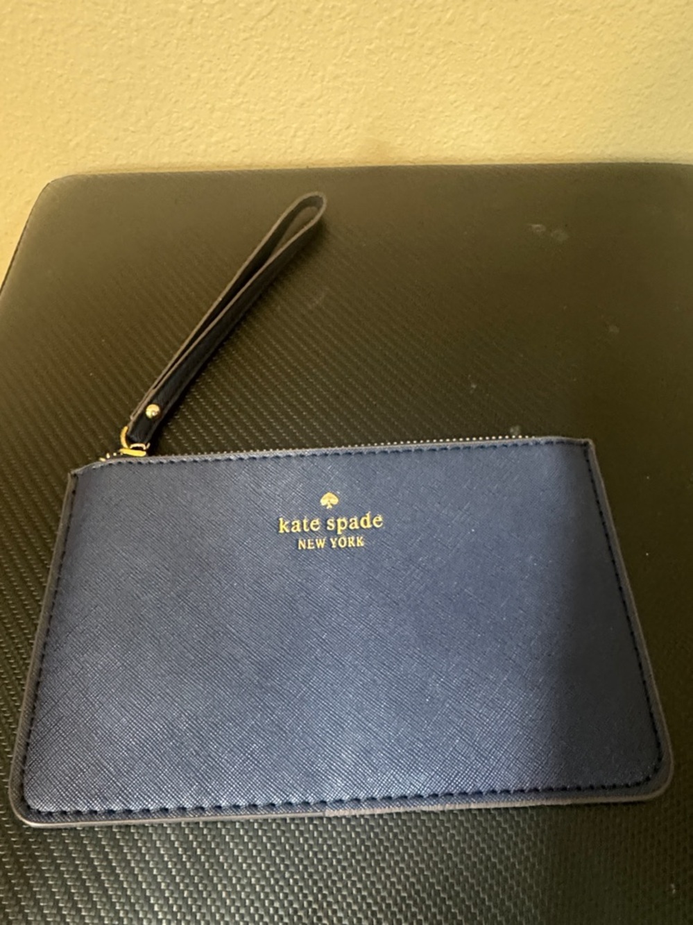 kate spade Navy Blue Saffiano Wristlet with Gold Logo